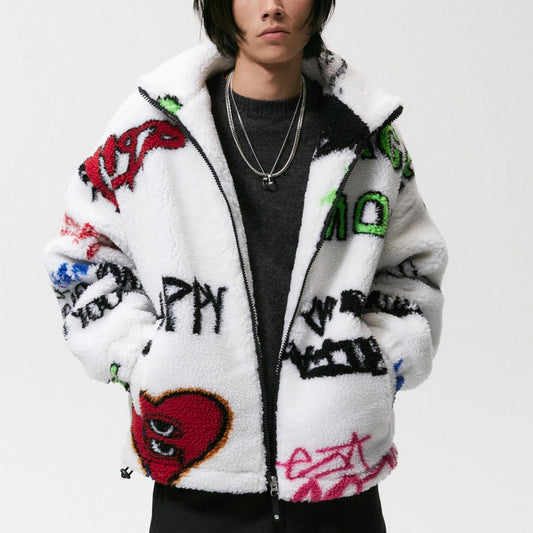 Men's Lamb Wool Graffiti Printed Fleece Jacket