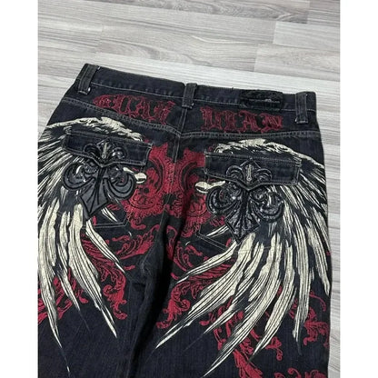 Y2K Baggy Shorts Womens New Wing Embroidered Denim Shorts Vintage Harajuku Hip Hop Gothic Punk Gothic Wide Leg Pants Street Wear