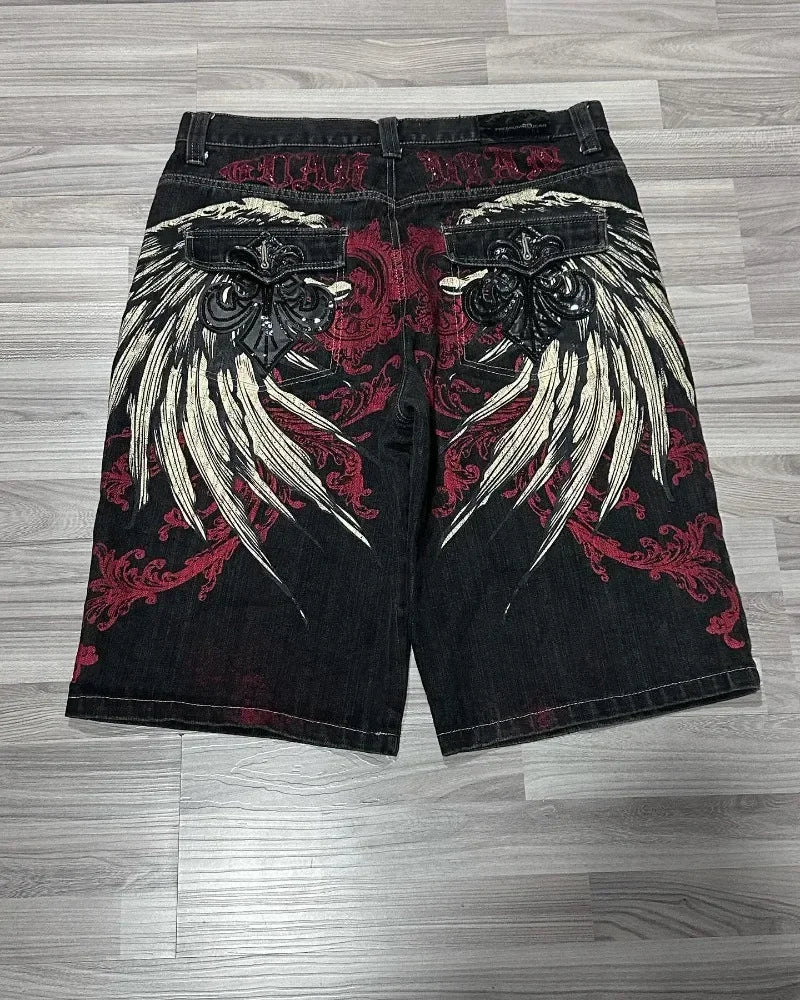 Y2K Baggy Shorts Womens New Wing Embroidered Denim Shorts Vintage Harajuku Hip Hop Gothic Punk Gothic Wide Leg Pants Street Wear