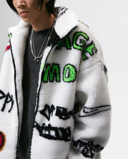 Men's Lamb Wool Graffiti Printed Fleece Jacket