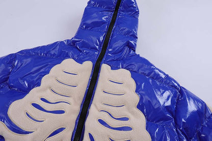 Street Retro Flocking Embroidery Skeleton Men's Hooded Cotton Jacket