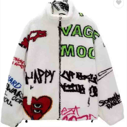 Men's Lamb Wool Graffiti Printed Fleece Jacket